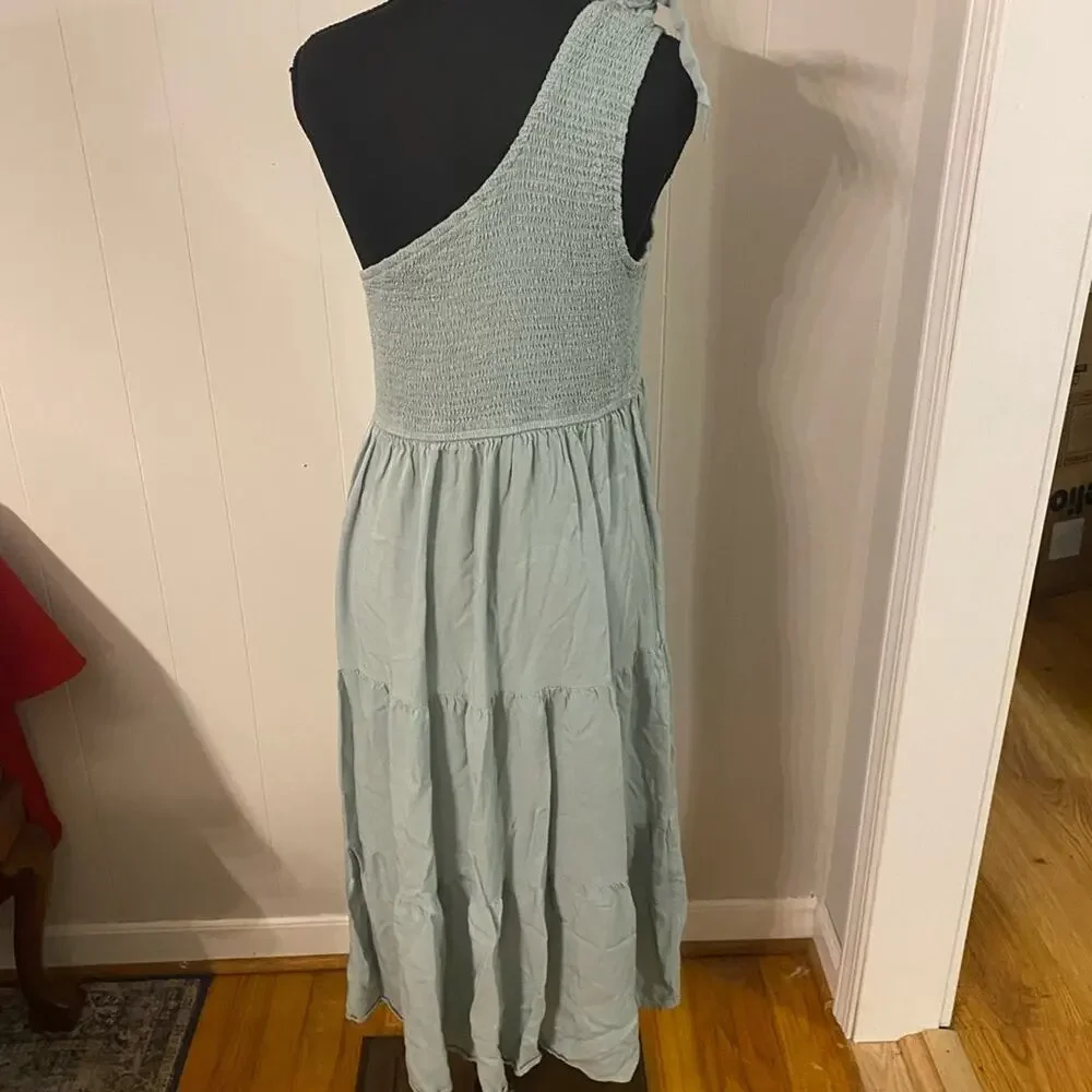 Merokeety One Shoulder Smocked Top Tiered Midi Dress with Front Slit in Sage XL - Picture 3 of 6